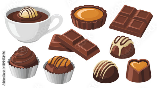 assorted chocolate candies and cup of hot chocolate on white background