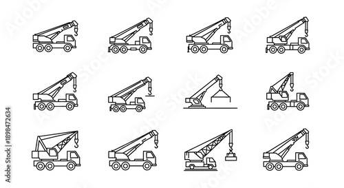 Crane Truck Illustrations in Various Positions.