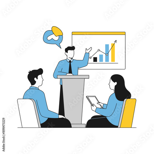 Business meeting presentation, speaker at podium, audience watching graph chart