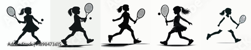 A Silhouette Cute Child Playing Tennis Vector Illustration