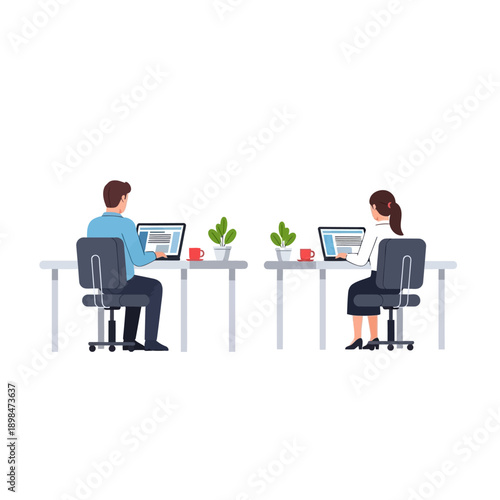 Diverse colleagues working on laptops at desks in a modern office, social distancing