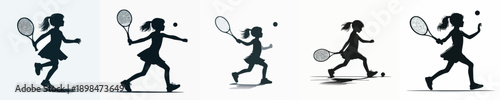 A Silhouette Cute Child Playing Tennis Vector Illustration