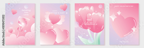 Happy Valentine's Day minimal heart vector poster set with soft pink gradients, gentle bokeh, love message space and romantic icons. Clean design for posters, cards, flyers and web.