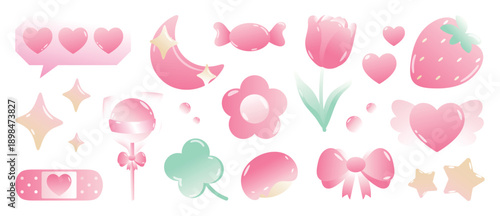 Valentine sweet icon vector set with strawberry, tulip, hearts, bow, clover, bandage and pastel sparkles on white background. Cute design for stickers, cards, planners and crafts.