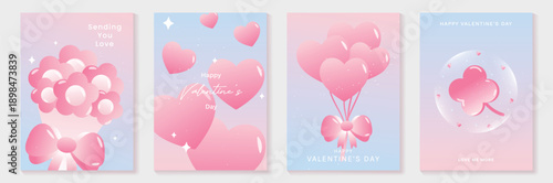 Happy Valentine's Day balloon bouquet vector poster set with pink hearts, ribbon bow, soft clouds and pastel background. Sweet design for posters, greeting cards, banners and social media.