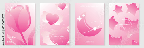 Happy Valentine's Day tulip and heart vector poster set with blush pink gradients, soft glow, sparkles and romantic shapes. Elegant design for posters, cards, invitations and packaging.