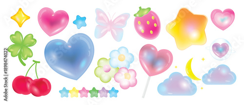Valentine cute icon vector set with glossy hearts, clover, cherry, strawberry, star, moon and pastel candy elements on white background. Kawaii design for stickers, prints and cards.