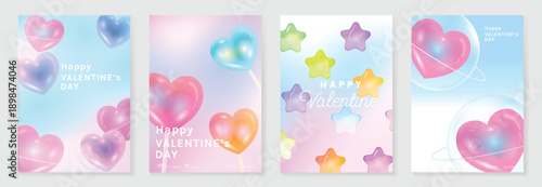 Happy Valentine's Day floating heart vector poster set with blue and pink glossy hearts, soft light bokeh and gentle sky background. Romantic design for posters, cards, banners and web.