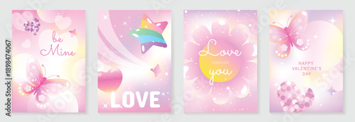Happy Valentine's Day butterfly vector poster set with rainbow gradient, hearts, sparkles and dreamy pastel background. Cute design for posters, cards, banners and social media.