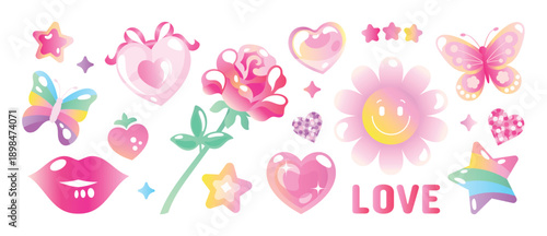 Valentine playful element vector set with hearts, butterfly, flowers, lips, rainbow, stars and cute doodles in pink pastel colors. Fun design for stickers, cards, prints and decorations.