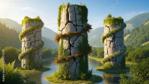 Three cylindrical pillars with growing plants symbolize nature inspired economic growth in lush, 