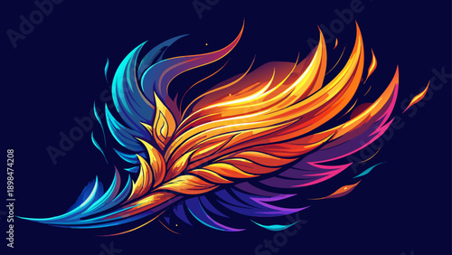 Very beautiful abstract fiery feather artwork with glowing lines in orange, blue, and purple hues on a dark background, resembling flowing energy and cosmic motion.
