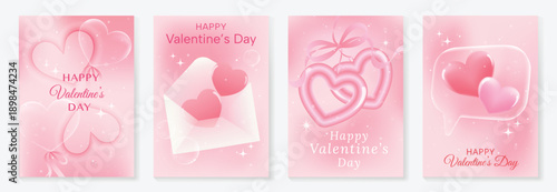 Happy Valentine's Day soft heart vector poster set with pink love symbols, envelope, sparkles and gentle gradient background. Romantic design for posters, greeting cards, invitations and web.
