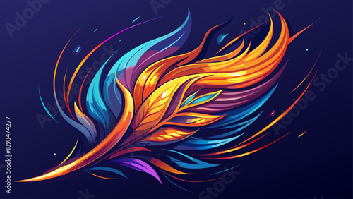 Very beautiful abstract fiery feather artwork with glowing lines in orange, blue, and purple hues on a dark background, resembling flowing energy and cosmic motion.
