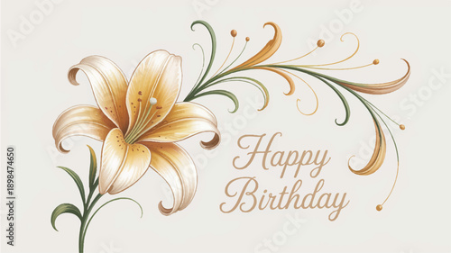 Beautiful golden lily flower with green leaves and happy birthday text