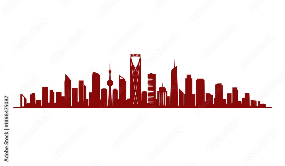 Fototapeta premium Red silhouette of a modern city skyline against a white background