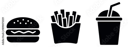Minimalist fast food icon set featuring a burger, french fries, and a drink for unhealthy eating concepts