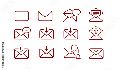 Collection of red linear envelope icons depicting various email states