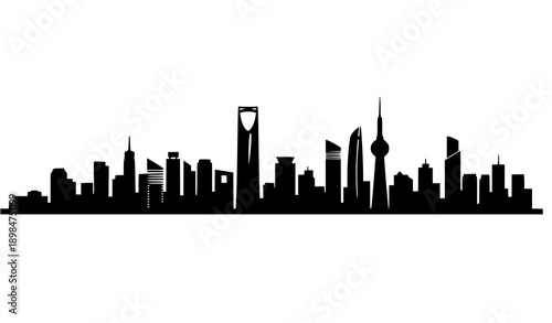Black silhouette of a modern city skyline with prominent skyscrapers
