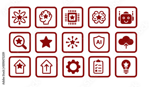 Collection of red rounded square icons depicting various symbols and concepts