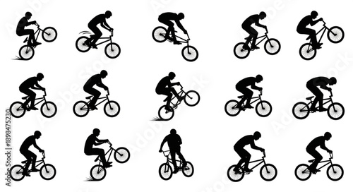 BMX rider performing various stunts and tricks on bicycle silhouette collection.