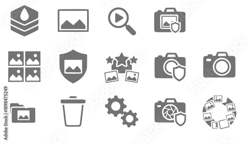 Collection of gray icons representing various media and technology concepts