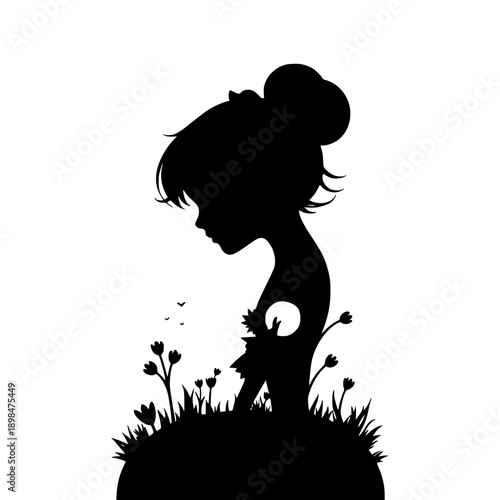Artistic Silhouette of Young Girl Profile with Floral Garden and Moon Double Exposure Style for Dreamy Design