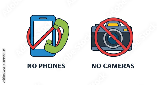 Clear graphical icons illustrating prohibitions against using mobile phones and taking pictures with cameras in designated areas for maintaining privacy and focus