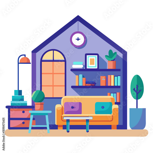 Cozy home interior with modern furniture and bookshelves