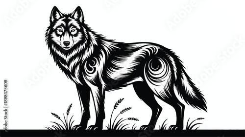 black and white illustration of a wolf standing in grass