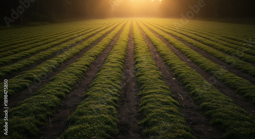 Field with Rows of Green Grass at Sunset