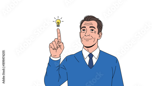Inspired middle aged man in a blue sweater pointing his finger upward toward a glowing lightbulb representing a bright idea or creative insight.