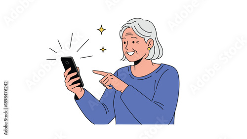 Happy elderly woman with short gray hair smiling and using her smartphone while pointing at the screen with sparkles highlighting the device.
