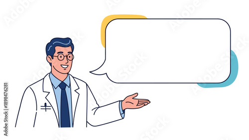 Male doctor in a white lab coat with a stethoscope around his neck smiling and gesturing toward a large empty speech bubble for text content.