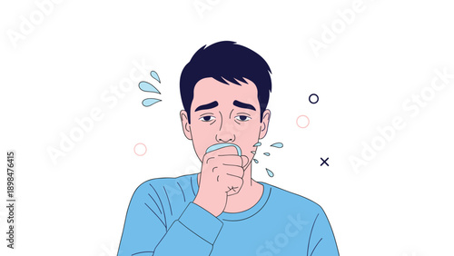 Young man in a blue sweatshirt coughing into his hand with a pale complexion and sweat drops representing illness, flu, or cold symptoms.