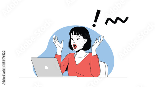 Surprised young woman in a red shirt sitting at her laptop with a shocked expression and an exclamation mark symbol above her head in thought.