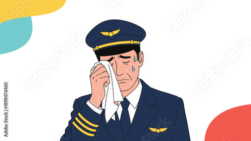 Tired pilot in a dark blue uniform and hat wiping sweat from his forehead with a white handkerchief looking exhausted from a long flight trip.