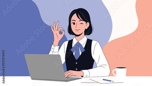 Professional office worker with short dark hair making an okay gesture and winking while sitting at her laptop in a colorful abstract setting.