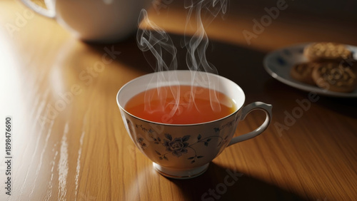 Steaming cup of herbal tea on a wooden table.