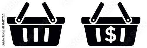 Iconic shopping basket set featuring an empty and a monetary basket for e-commerce and retail