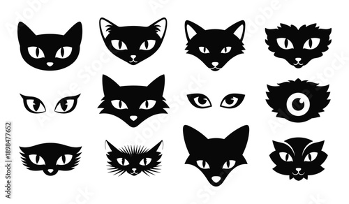 Collection of Black Cat Silhouettes and Eyes Icons  