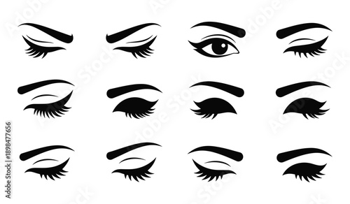 Woman's Eyes and Eyelashes Icons Set with Different Expressions and Styles  