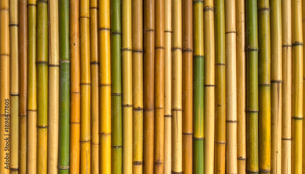 Fototapeta premium Natural Bamboo Wall Texture Background with Vertical Stalks in Earthy Yellow and Green Tones for Zen Aesthetic