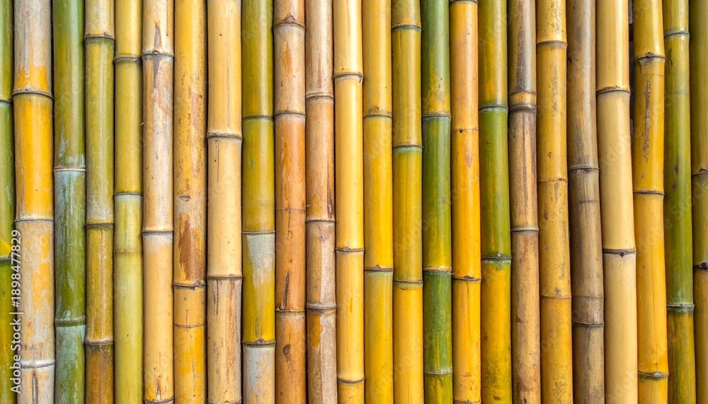 Naklejka premium Natural Bamboo Wall Texture Background with Vertical Stalks in Earthy Yellow and Green Tones for Zen Aesthetic