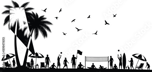 Black Beach Silhouette Scene Featuring People Playing Volleyball Surfing and Sunbathing Under Palm Trees with Seagulls for Summer Vacation and Tropical Coastal Lifestyle Design