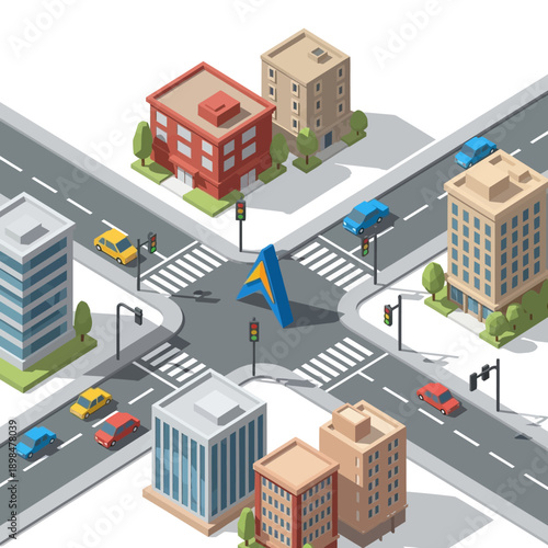 Isometric City Intersection with Cars and Buildings, Traffic Lights, Crosswalks