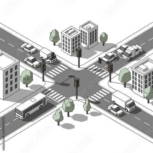 Isometric City Street Intersection with Traffic and Buildings