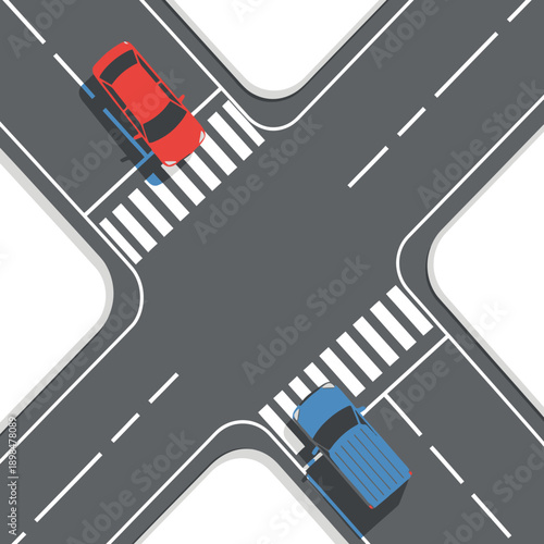 Aerial View of Red and Blue Cars at a Crossroads Intersection with Pedestrian Crossing