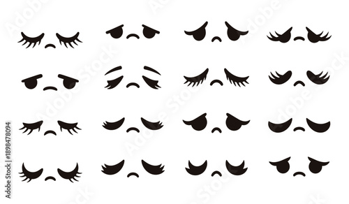 Set of Black and White Stylized Eyes Expressing Sadness and Disappointment unhappy