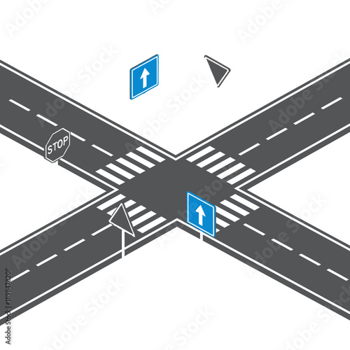 Isometric Crossroad Intersection with Traffic Signs and Pedestrian Crossing